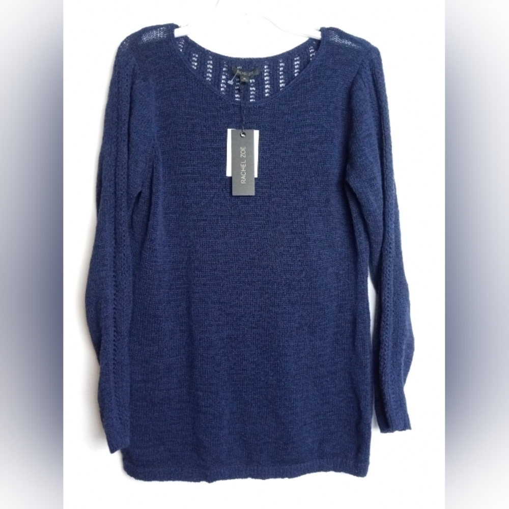NWT Rachael Zoe Open Yarn Knit Dark Blue Cotton Pullover Sweater size XL